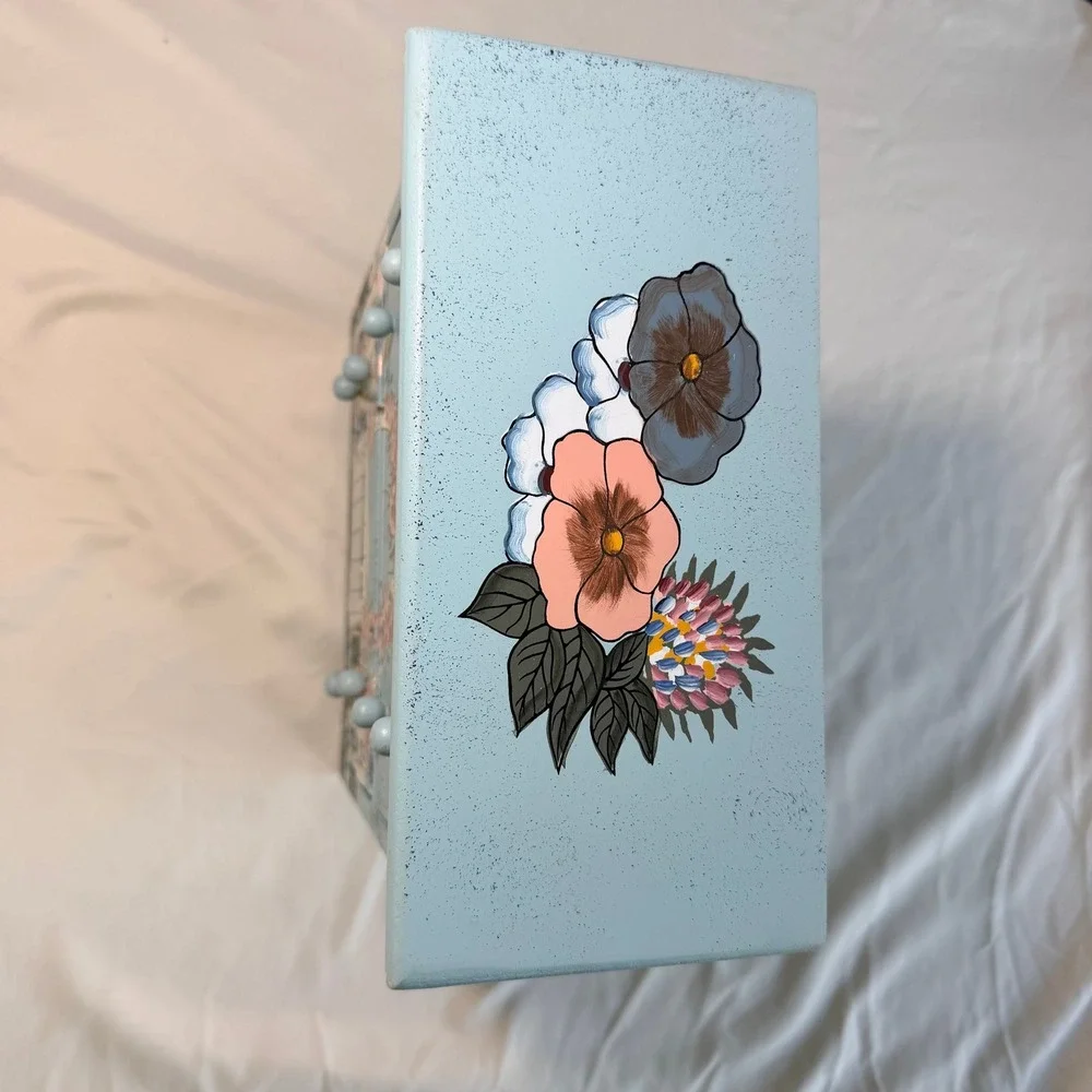 Hand Painted Wooden Jewelry Chest 4 Drawer Floral Garden Picket Fence Blue Box